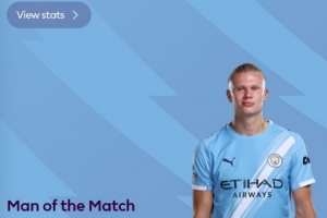 传射建功！英超官方：哈兰德当选曼城vs利物浦的全场MVP