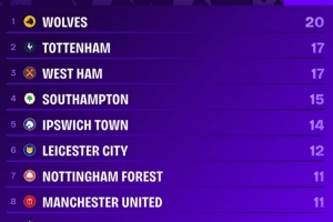 上赛季以来英超主场输球场次榜：狼队20场最多，热刺17场次席